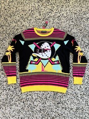 Mighty Ducks Hockey NHL Retro Sweater Colorful Crewneck Black Pink Men’s Size XL